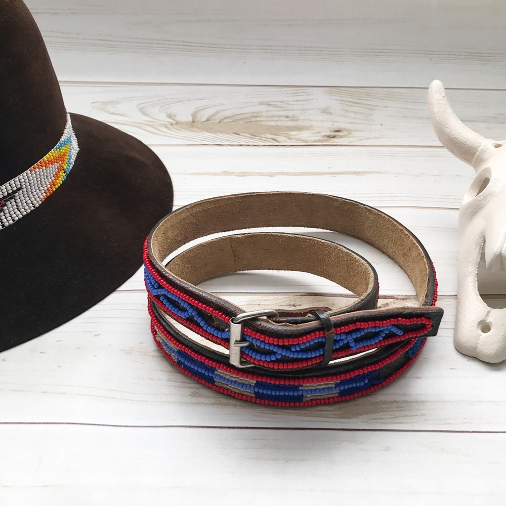 VINTAGE Beaded Leather Red White Blue Belt